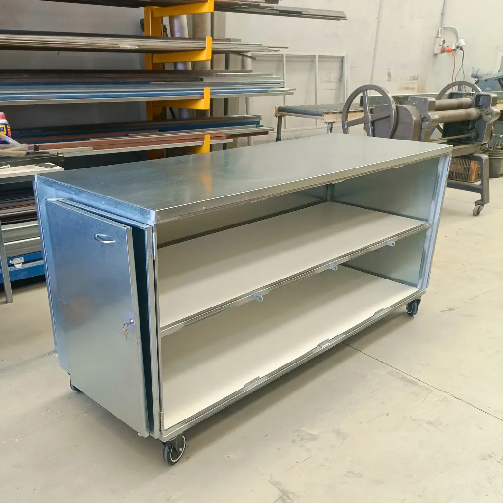 Custom sheet metal cabinet with CNC folded panels and integrated shelving in Melbourne